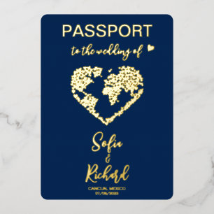 Invitación Con Relieve Metalizado Boda de Passport Mapa mundial de destino Código QR