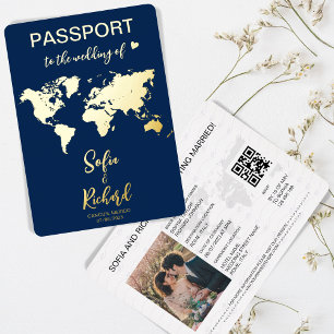 Invitación Con Relieve Metalizado Boda de Passport Mapa mundial de destino Código QR