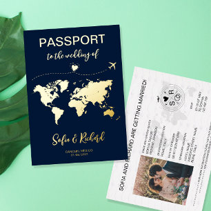 Invitación Con Relieve Metalizado Boda de Passport Relieve metalizado dorado de dest