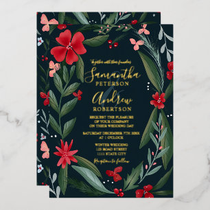 Invitación Con Relieve Metalizado Boda de patrón de flor floral verde rojo