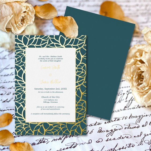 Invitación Con Relieve Metalizado Boda de patrón de hoja abstracta azul y dorado (Blue & Gold Abstract Leaf Pattern Wedding Foil Invitation)
