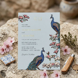 Invitación Con Relieve Metalizado Boda de pavo real floral azul elegante
