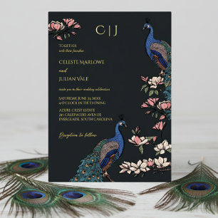 Invitación Con Relieve Metalizado Boda de pavo real floral negro elegante