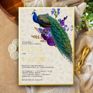Invitación Con Relieve Metalizado Boda de pavo real indio floral púrpura azul real