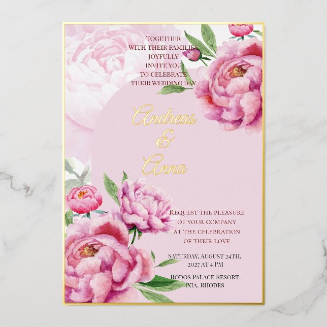Invitación Con Relieve Metalizado Boda de Peonía (Anverso)
