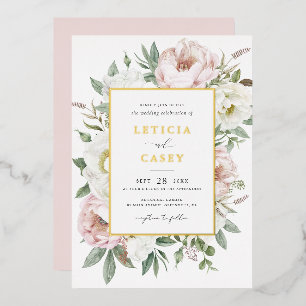 Invitación Con Relieve Metalizado Boda de peonía blanca con toque floral y hoja dora