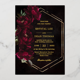 Invitación Con Relieve Metalizado Boda de peonías florales de Borgoña temperamental