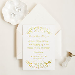 Invitación Con Relieve Metalizado Boda de pergamino ornamentado en oro elegante