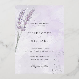 Invitación Con Relieve Metalizado Boda de plata con lavanda púrpura