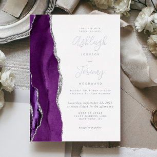 Invitación Con Relieve Metalizado Boda de plata moderna con ágata púrpura