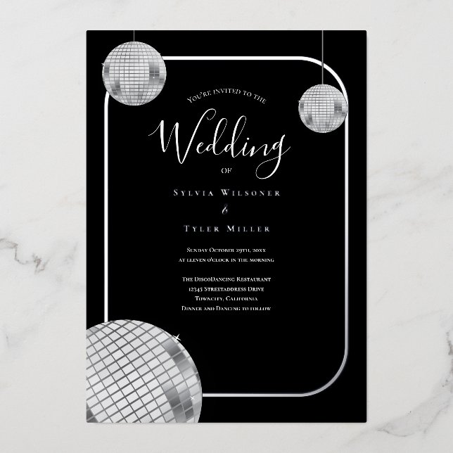 Invitación Con Relieve Metalizado Boda de plata negro retro disco (Anverso)