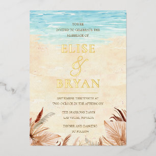 Invitación Con Relieve Metalizado Boda de playa bohemio playero con lámina dorada