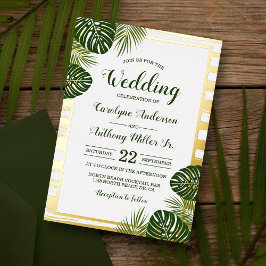 Invitación Con Relieve Metalizado Boda de playa con hoja de palma verde tropical rea