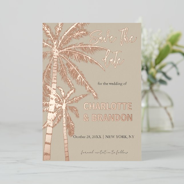 Invitación Con Relieve Metalizado Boda de Playa de Palmeras Plateadas (Anverso de pie)