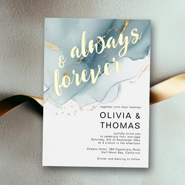 Invitación Con Relieve Metalizado Boda de playa romántica azul siempre moderna para  (always and forever beach wedding invitation dusty blue gold modern romantic elegant bohemian simple)