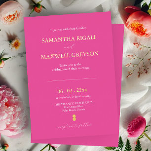 Invitación Con Relieve Metalizado Boda de Playa Simple y Vibrante Rosa Fucsia