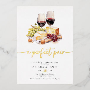 Invitación Con Relieve Metalizado Boda de Queso y Vino Par Perfecto Acuarela