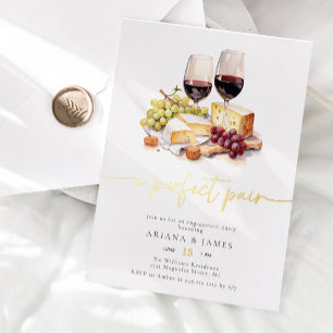Invitación Con Relieve Metalizado Boda de Queso y Vino Par Perfecto Acuarela