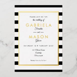 Invitación Con Relieve Metalizado Boda de raya negra y blanca elegante y dorada