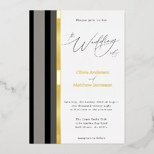 Invitación Con Relieve Metalizado Boda de rayas grises negras elegantes doradas