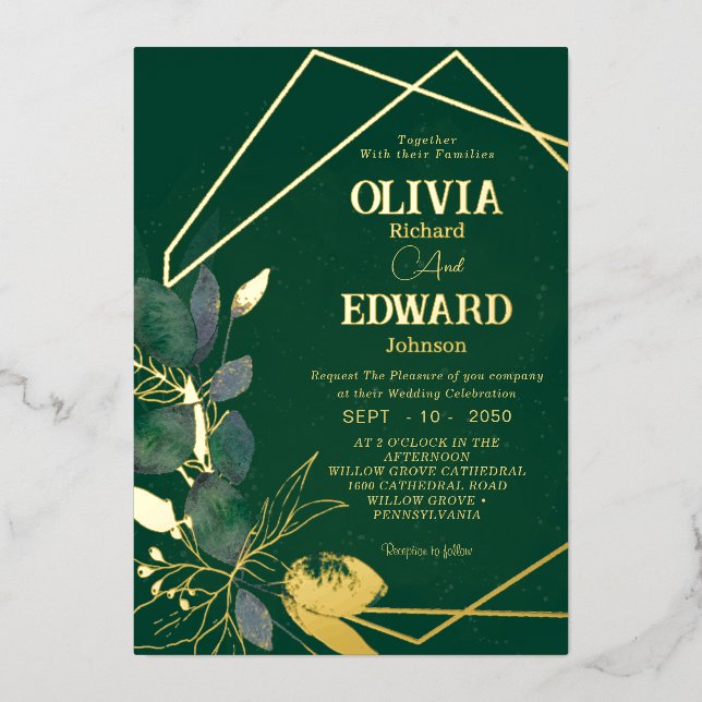 Invitación Con Relieve Metalizado Boda de Relieve metalizado de oro y permiso verde  (Anverso)