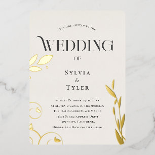 Invitación Con Relieve Metalizado Boda de Relieve metalizado dorado botánico