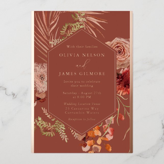 Invitación Con Relieve Metalizado Boda de Relieve metalizado dorado Rosa Boho Flower (Anverso)