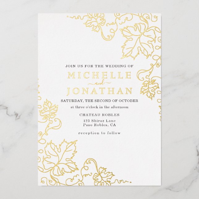 Invitación Con Relieve Metalizado Boda de Relieve metalizado Golden Vineyard White R (Anverso)