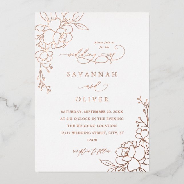 Invitación Con Relieve Metalizado Boda de Relieve metalizado y blanco floral dorado (Anverso)