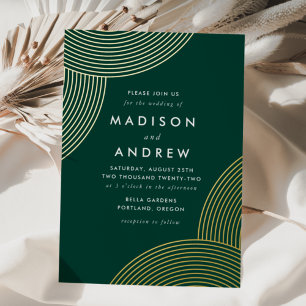 Invitación Con Relieve Metalizado Boda de remolinos geométricos verdes y dorados