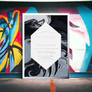 Invitación Con Relieve Metalizado Boda De Resumen Blanco Y Negro Mínimo Plata