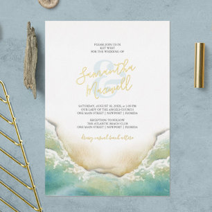 Invitación Con Relieve Metalizado Boda de Ribera Tropical Oceánica en Acuarela Azul