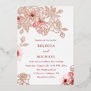 Invitación Con Relieve Metalizado Boda de Rosa Dorado Flor de Cerezo Rosa