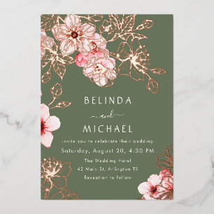 Invitación Con Relieve Metalizado Boda de Rosa Dorado Flor de Cerezo Rosa