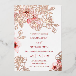 Invitación Con Relieve Metalizado Boda de Rosa Dorado Flor de Cerezo Rosa