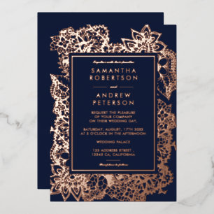 Invitación Con Relieve Metalizado Boda de rosa oro azul marino floral
