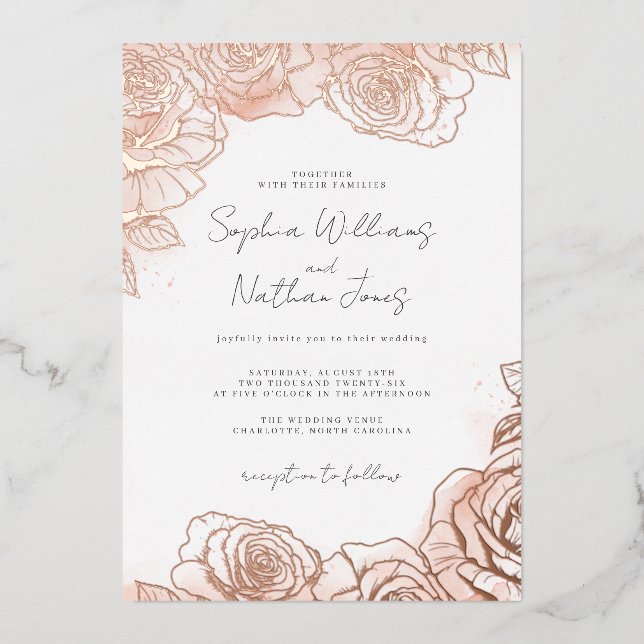 Invitación Con Relieve Metalizado Boda de Rosa rosa Rubor Peach (Anverso)