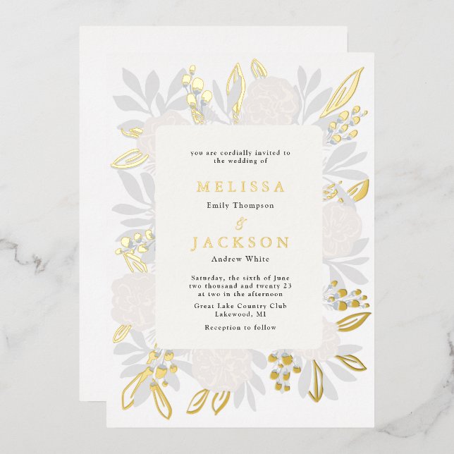 Invitación Con Relieve Metalizado Boda de Rosas cream (Anverso/Reverso)