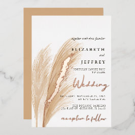 Invitación Con Relieve Metalizado Boda de Rubor Rustic Earthy Neutral Boho Pampas