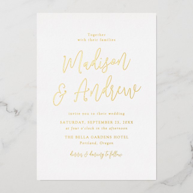 Invitación Con Relieve Metalizado Boda de script simple Gold (Anverso)