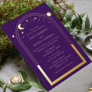 Invitación Con Relieve Metalizado Boda de Sol Luna Estrellas Doradas Púrpura Mística