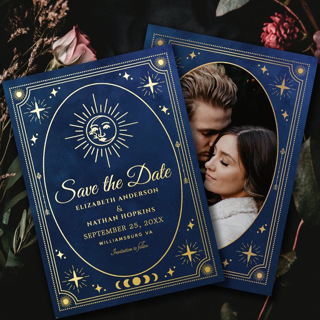 Invitación Con Relieve Metalizado Boda de Tarot azul celestial Foto Guardar la fecha (Subido por el creador)