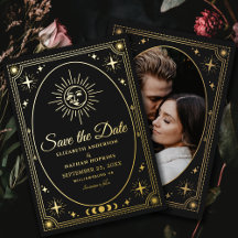 Boda de Tarot Negro Celestial Foto Guardar la fech
