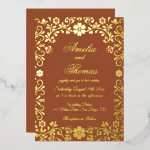 Invitación Con Relieve Metalizado Boda de Terracota Dorada Fiesta Mexicana