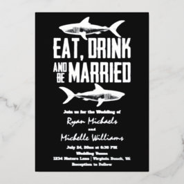 Invitación Con Relieve Metalizado Boda de tiburón de papel de plata Come Bebe y Cása