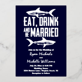 Invitación Con Relieve Metalizado Boda de tiburón de papel de plata Come Bebe y Cása