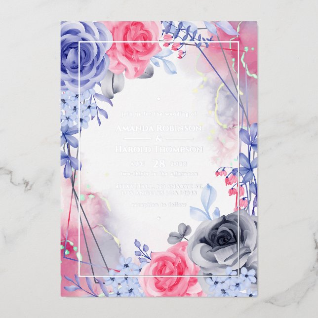 Invitación Con Relieve Metalizado Boda de tinta plateada floral geométrica (Anverso)