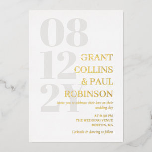 Invitación Con Relieve Metalizado Boda de tipografía gris y dorada