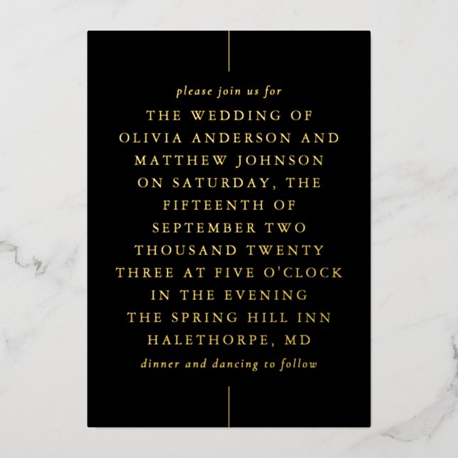 Invitación Con Relieve Metalizado Boda de tipografía minimalista moderna de oro negr (Anverso)