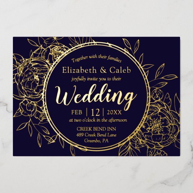 Invitación Con Relieve Metalizado Boda de tocador moderno Navy Blue & Gold Peony (Anverso)
